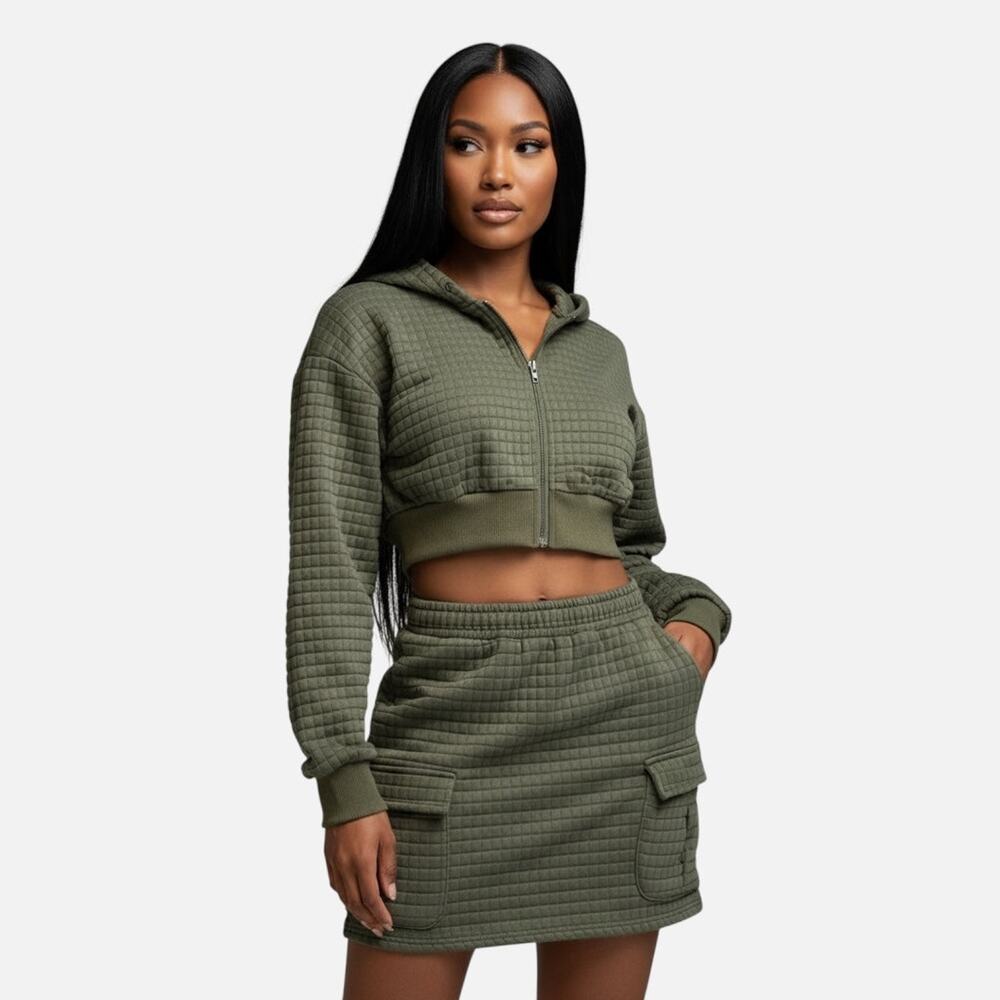 Olive Green Quilted Crop Hoodie & Skirt Set